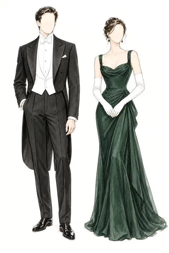 Ink and watercolour sketch of white tie attire, a suit on the left and a dress on the right