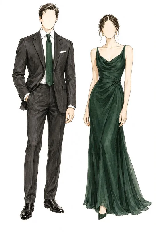 Ink and watercolour sketch of black tie optional: a man in a dark suit and tie beside a woman in an elegant cocktail dress