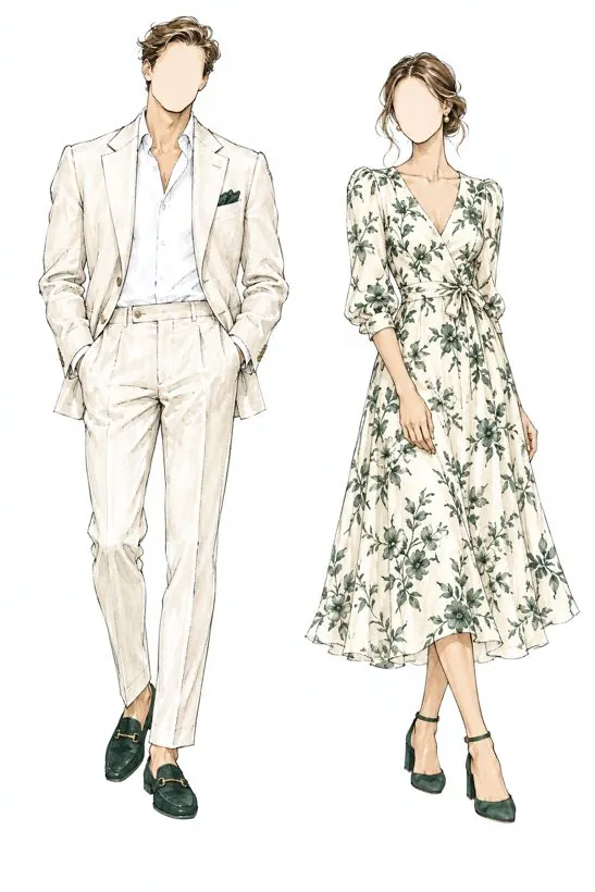 Ink and watercolour sketch of garden party attire, a suit on the left and a dress on the right