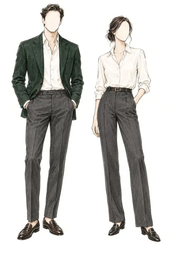 Ink and watercolour sketch of business casual attire, a suit on the left and a dress on the right
