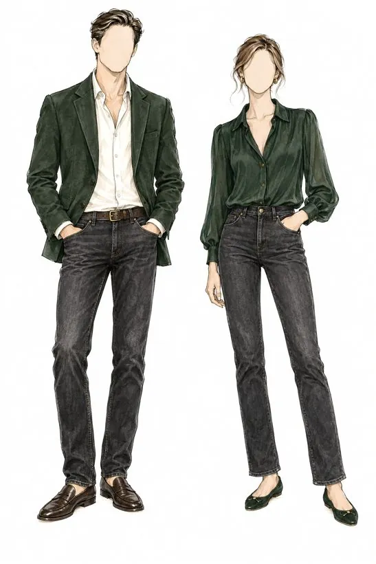 Ink and watercolour sketch of smart casual attire, a suit on the left and a dress on the right
