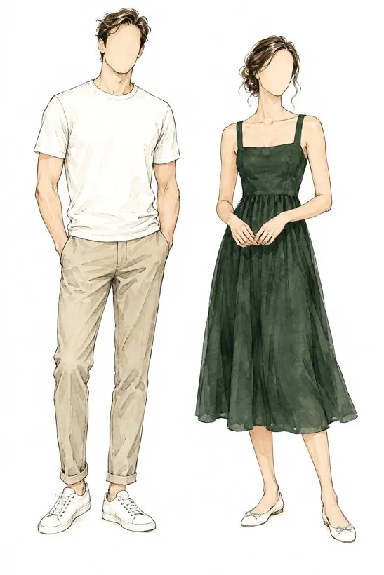 Ink and watercolour sketch of casual attire, a suit on the left and a dress on the right