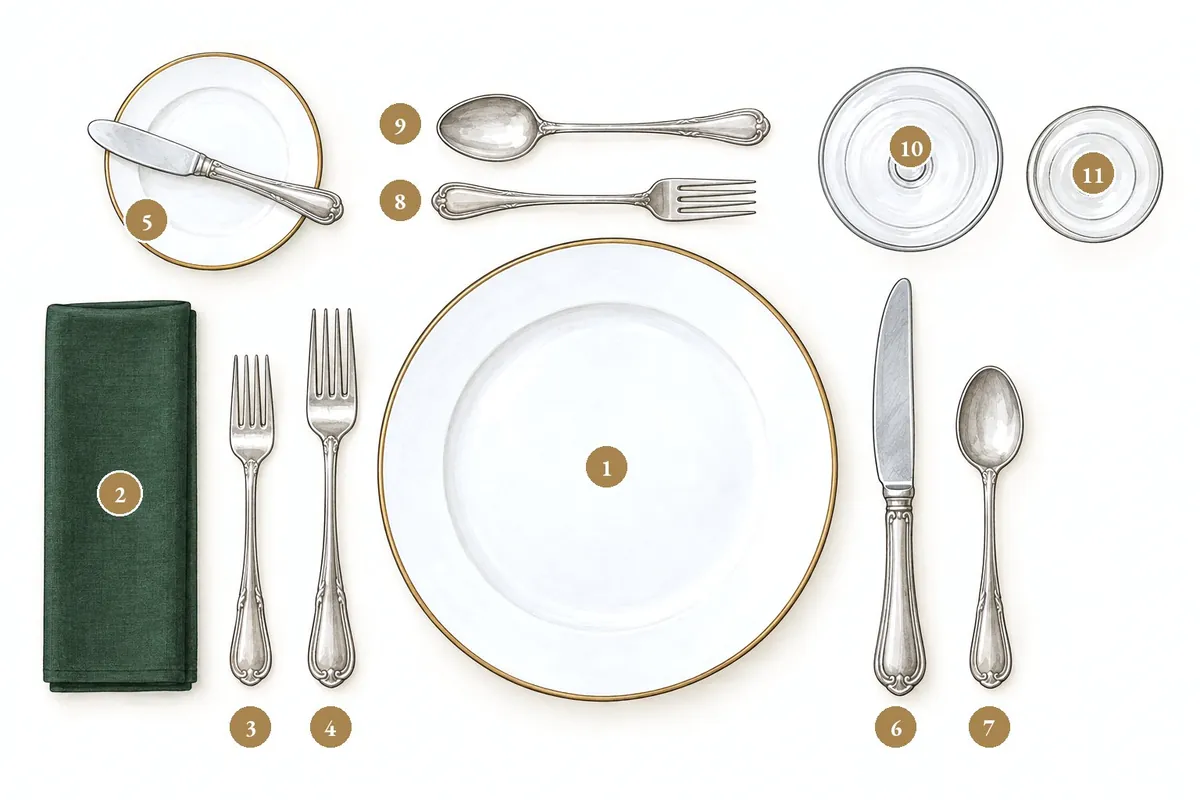 Illustrated everyday three-course place setting seen from above, eleven numbered pieces: napkin and two forks on the left, dinner plate in the centre, knife and teaspoon on the right, dessert fork and spoon above the plate, bread plate and two glasses