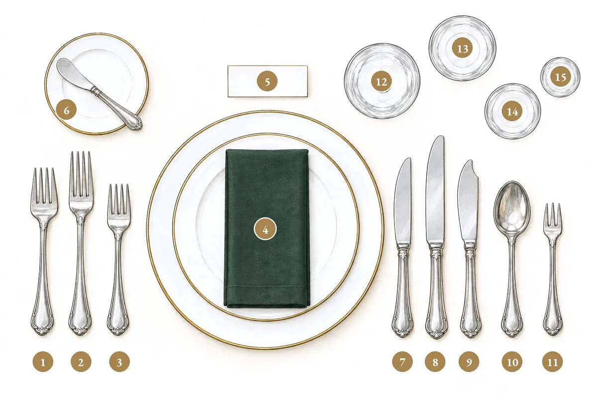 Illustrated formal American place setting seen from above, fifteen numbered pieces: three forks on the left, a charger with a green napkin, a place card, a bread plate, knives, a soup spoon and an oyster fork on the right, and four glasses